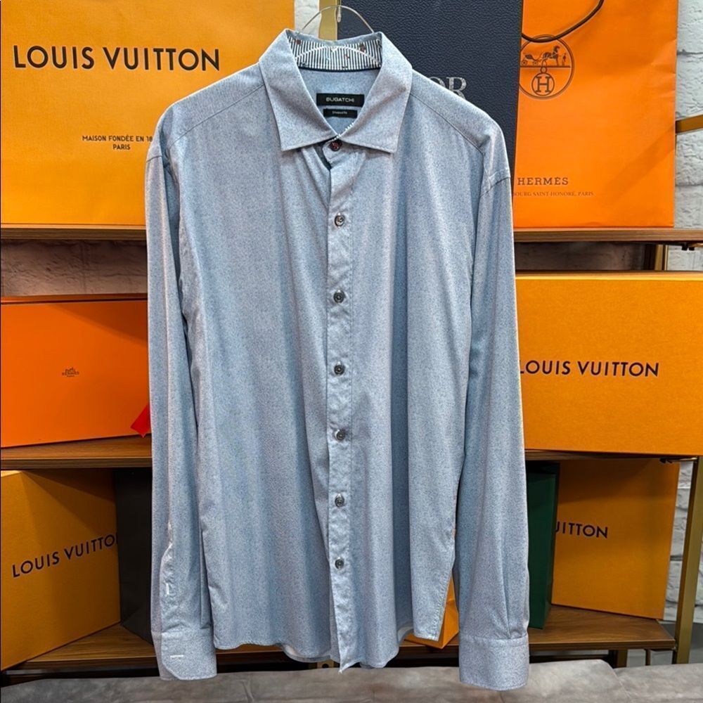 Bugatchi Blue and White Casual Button Down Shirt Long Sleeve